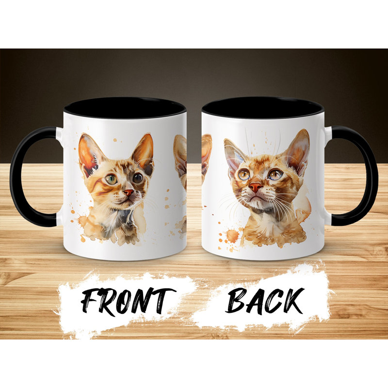 Cat Design 11oz Accent Mug – White Ceramic Coffee Cup with Colored Handle and Interior, Black, 2