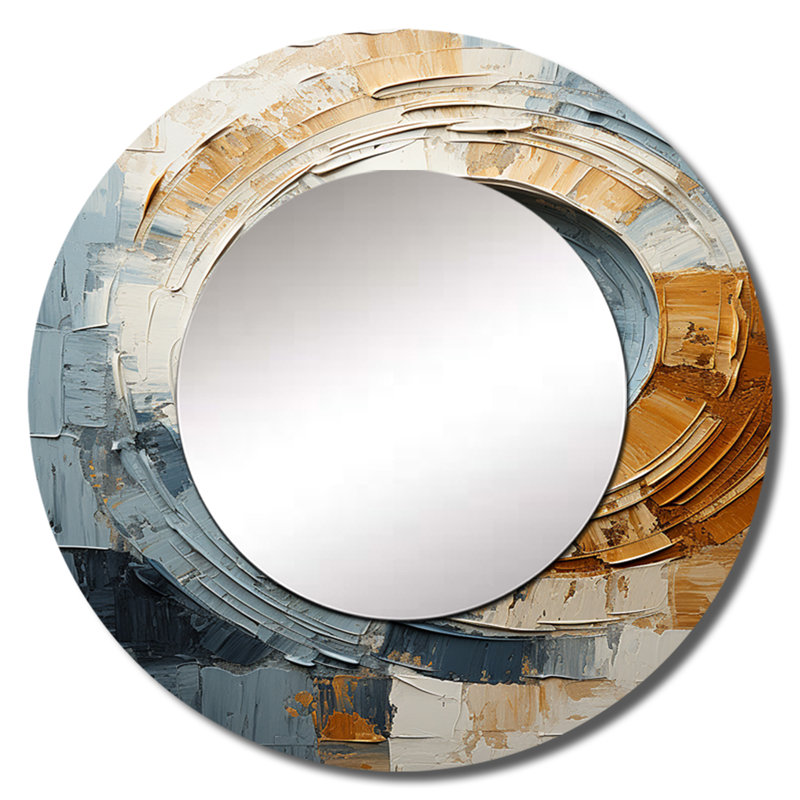 «Blue Gold Timeless Turn Vortex», miroir en spirale abstrait, miroir mural rond bleu unique, impression sur métal