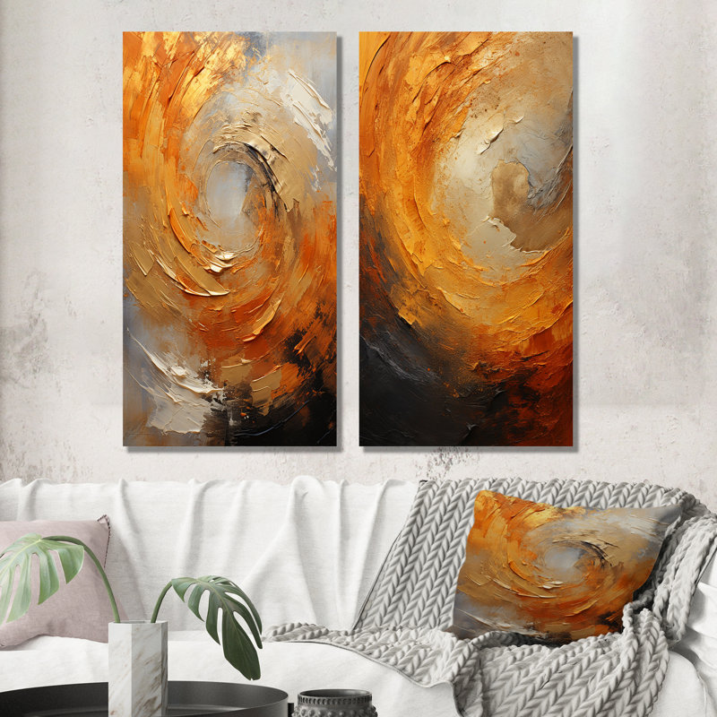 «Gold Orange Desert Mirage Spiral», ensemble d'art mural sur toile à spirales abstraites, Toile tendue, H 32 po x l 33 po