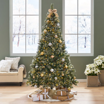 Brilste Mixed  Hinged Tree with Snow and Glitter and 86 Frosted Pine Cones and 750 Clear LED Lights