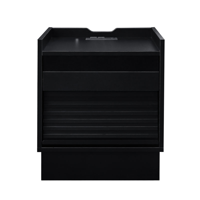Table de chevet noire de style Mid-Century avec station de charge, lumières DEL, 2 tiroirs pour la chambre à coucher ou le salon, - couleurs et motifs réglables, conception à fonctionnement en douceur, tiroirs à lumières, idéal