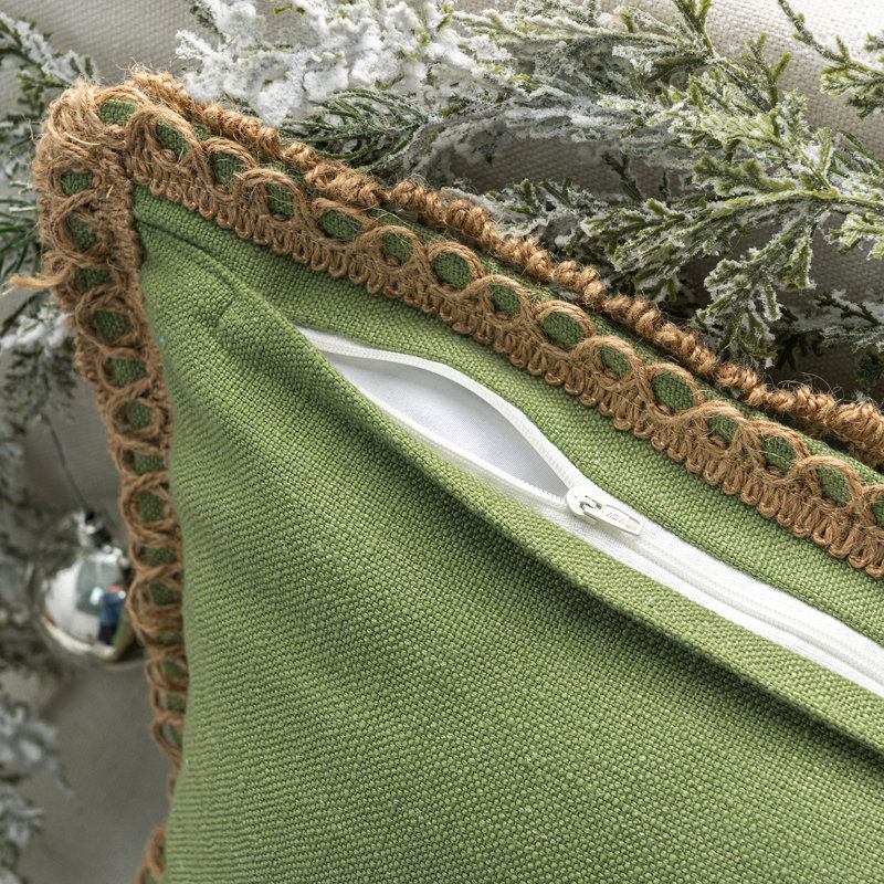 Green Linen Embroidered Farmhouse Throw Pillow Set