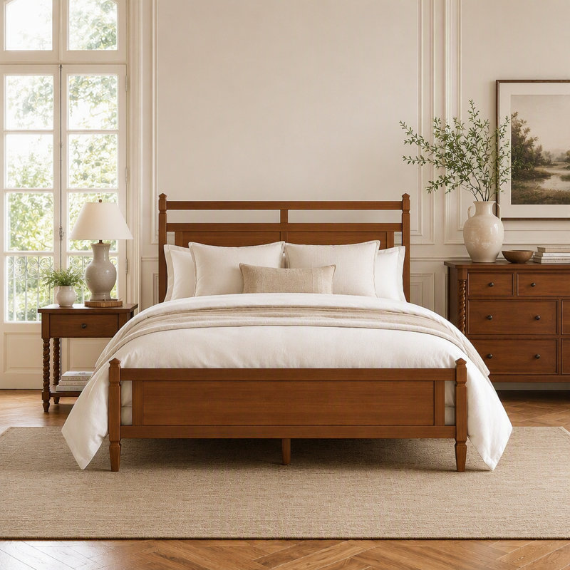Lit plateforme en bois de style moderne du milieu du siècle avec tête de lit à cadre ouvert, Queen, Walnut