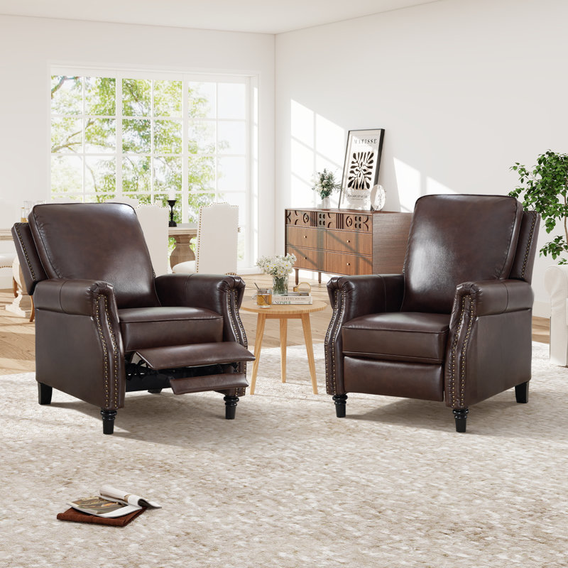 Fauteuil inclinable 32,7 po en cuir véritable avec plateau clouté et garniture cloutée (ensemble de 2), Espresso brun