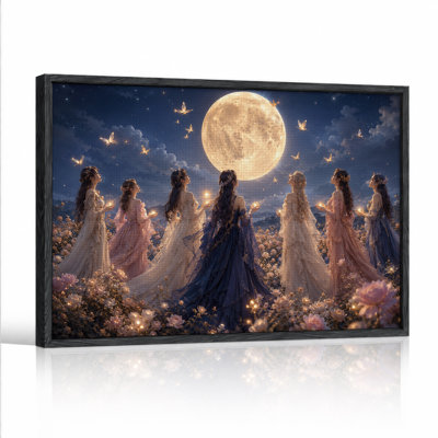 Sept femmes dans des robes fluides sous la pleine lune, art mural d'Halloween