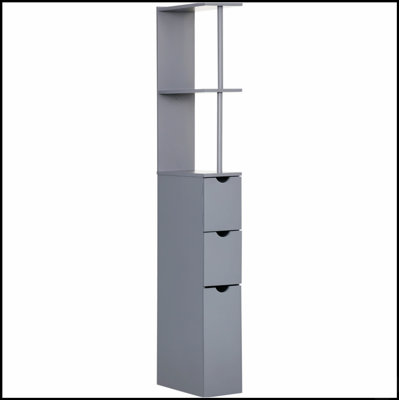 Tour de rangement étroite à compartiments multiples pour salle de bain, permettant d'organiser et d'optimiser efficacement l'espace dans les petites surfaces.