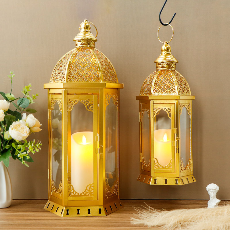 Set of 2 Outdoor Candle Lanterns 22"&17" H Decorative Vintage Metal , Gold