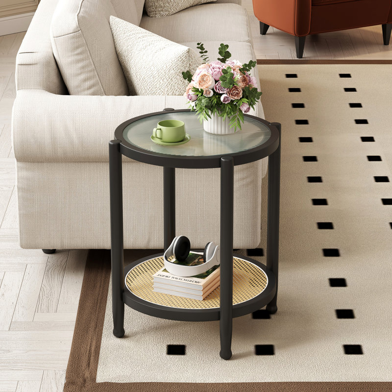 Bay Isle Home Round Rattan Coffee Table with Glass Top, Black, 19.7"H x 23.6"W x 23.6"D