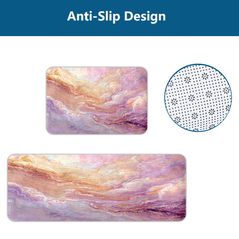 Tapis de cuisine rose et mauve à texture de marbre 2 pièces