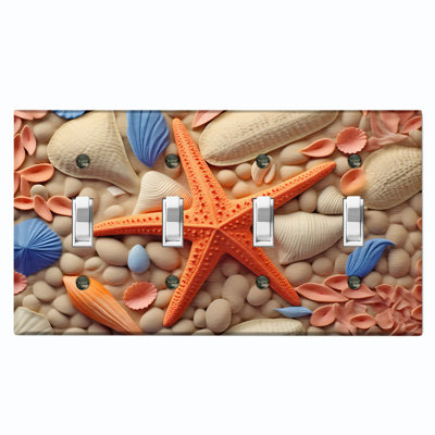 Metal Light Switch Plate Outlet Cover (Ocean Orange Sea Shell Star Fish - Quadruple Toggle)