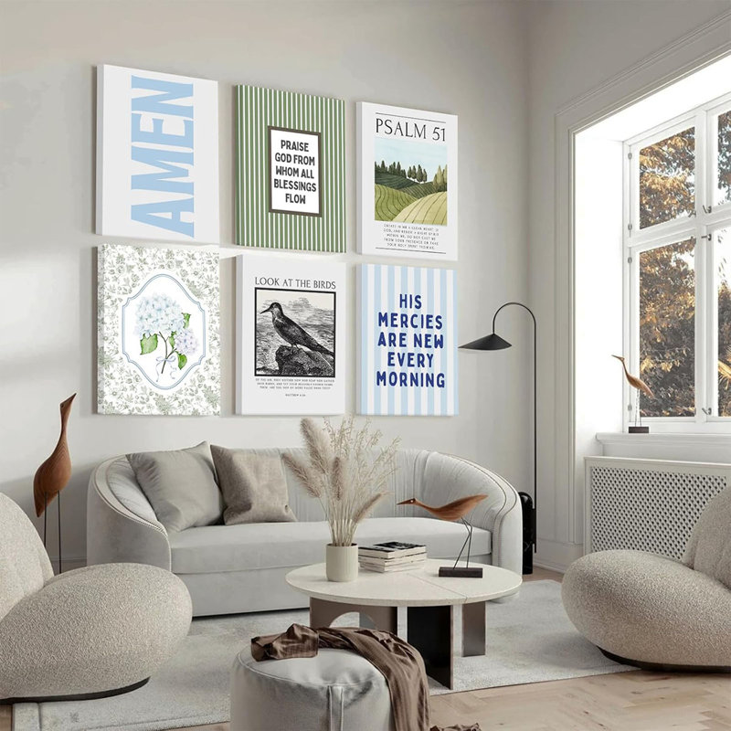 Blue Green Christian Wall Art Decor Bible Verse Canvas Poster Preppy Scripture Pictures Trendy Religious Prints Aesthetic Floral Artwork Painting for Bedroom Living Room 12x16 Inch Ready to Hang 6Pcs