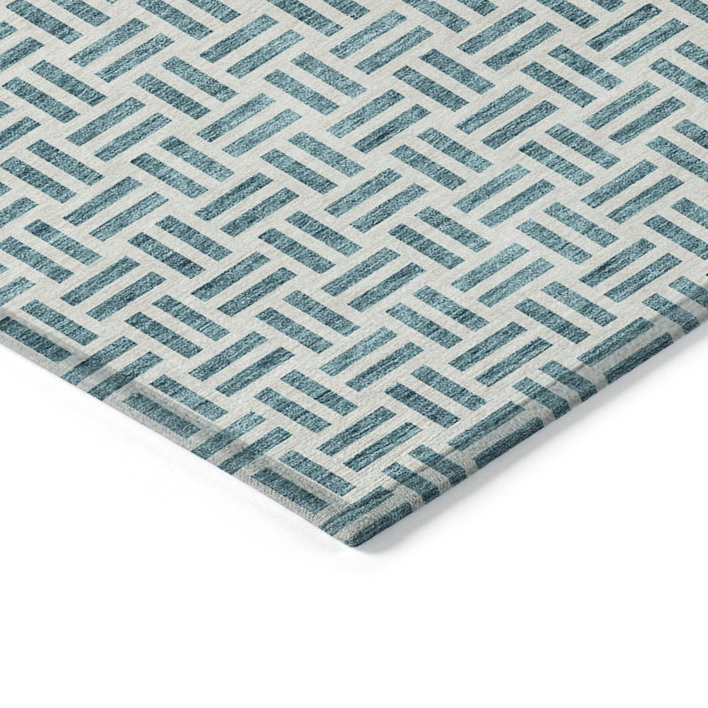 Teal Geometric Washable Synthetic Indoor/Outdoor Runner Rug