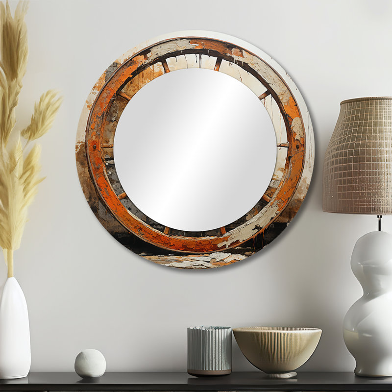 Orange Old Cart Wheels III - Old American Cart Unique Wall Mirror Decor, Orange Large Round Mirror, Printed Metal Art