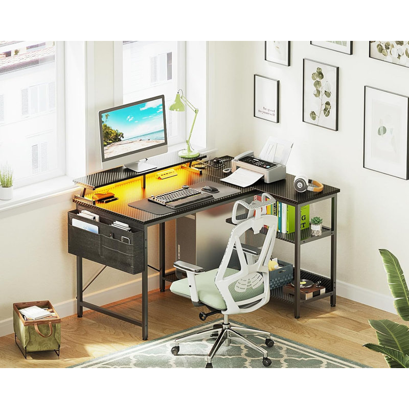 48 Inch L Shaped Gaming Desk: Reversible With USB Charging Ports, LED Lights, Storage Shelves, Monitor Stand & Power Outlets, Black