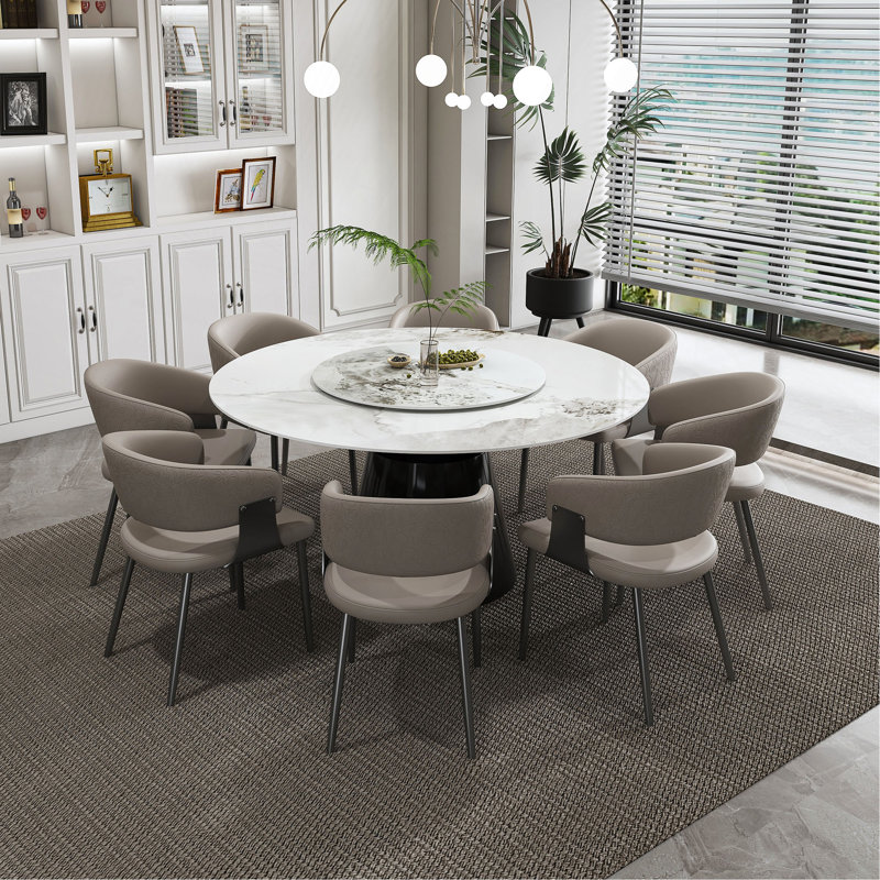 Ensemble de salle à manger rond 59 po - Table en faux marbre avec plateau rotatif et chaises en cuir de polyuréthane, ensemble de table de cuisine / salle à manger moderne pour restaurant et maison