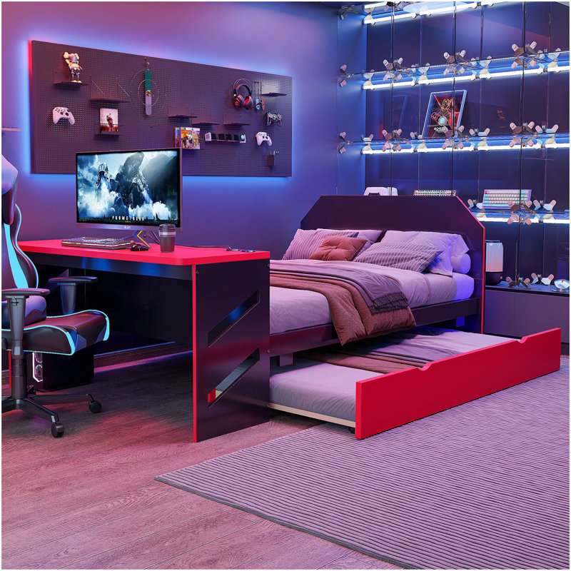 Lit de jour double avec lit gigogne simple, bureau et port USB, Rouge
