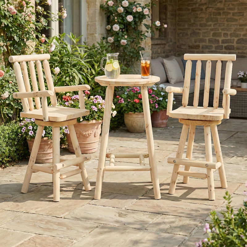  3 Piece Outdoor Swivel Adirondack Bar Set, 41.9" Patio Log Bar Height Table & 2 Bar Stools With High Back, 500 Lbs Heavy Duty Wooden Bar Stools Set For Deck Pub Garden Backyard, Natural