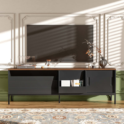 Meuble télé U-Can de 70,8 po pour téléviseur de 75 po ou moins avec espace de rangement, portes coulissantes, tablettes réglables et structure en métal, meuble télé Mid Century