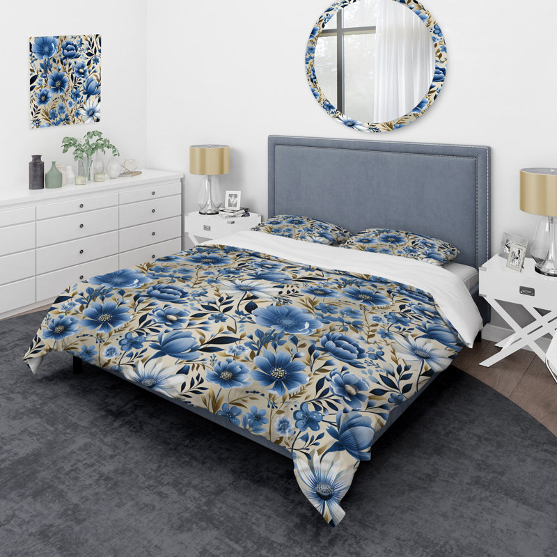 Ensemble de housse de couette bleu à motif floral de simplicité scandinave, Housse de couette simple + 1 taie décorative stan