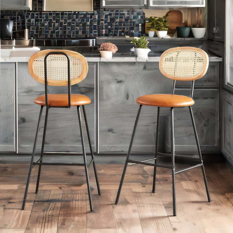 Ezrol 2-Piece Adjustable Height Stools Industrial Faux Leather With Back & Footrest, Brown