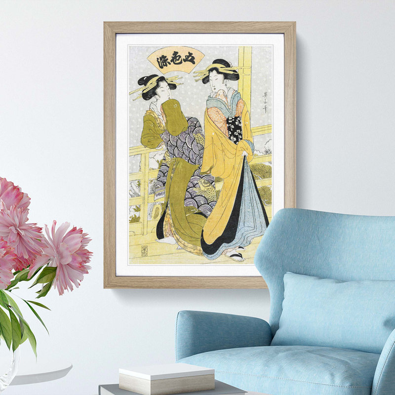 Two Courtesans on a Balcony by Kikukawa Eizan - Picture Frame Painting Print, 65cm H x 48cm W x 2cm D, Oak Framed