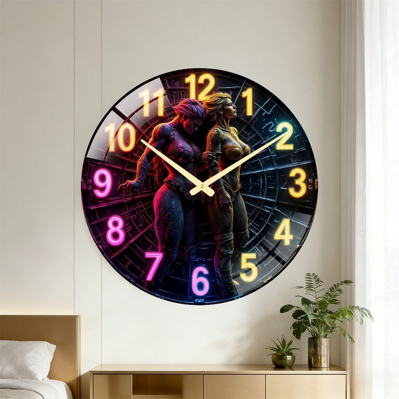 Horloge murale au néon colorée pour la décoration intérieure - Horloge murale moderne en verre de 61 cm (24 po)