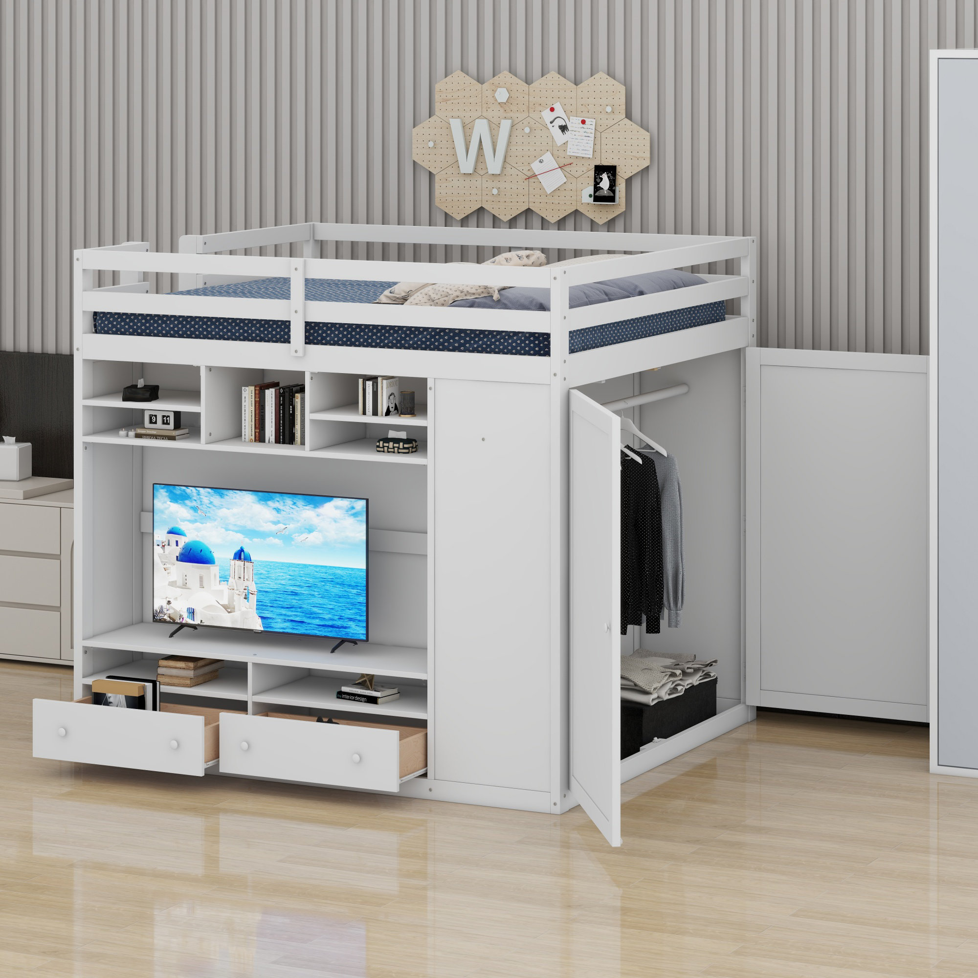 Harriet Bee Loft Bed With Drawers, Shelves And Light | Wayfair