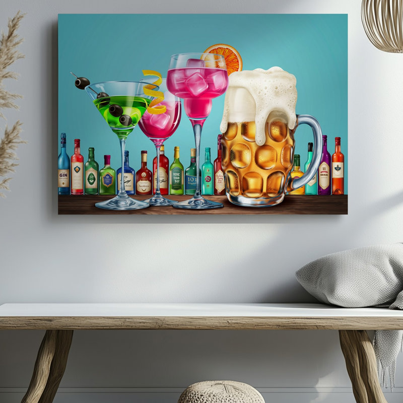 Toile, une éclatante illustration éclate avec un éventail de cocktails et d'art mural sur un fond doux céruléen mettant en valeur une toile