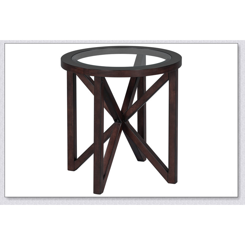 Table basse moderne simple en verre trempé avec base en bois massif, plateau rond transparent pour espaces compacts