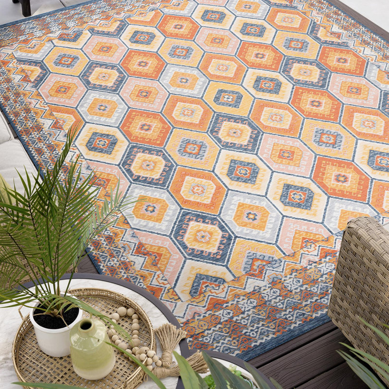 Deltufo Geometric Reversible Flatweave Polypropylene Indoor / Outdoor Area Rug - Multi Color, Rectangle 7'11'' x 10'3''