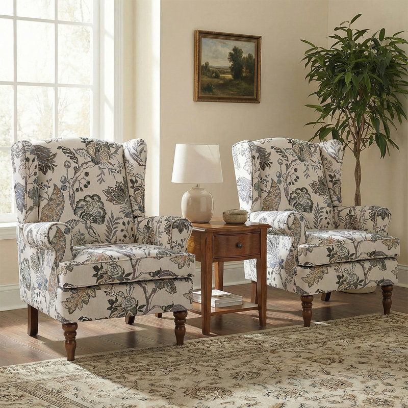 Fauteuil à oreilles 29 po Anayat, Mélange de polyester multicolore floral gris