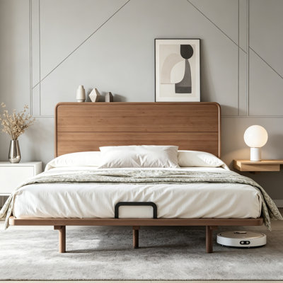 Queen Size Platform Bed with  Headboard,Solid Bamboo Platform Bed Frame With Built-in USB Ports,Floating Beds Frame with Under-Bed Storage for Bedroom,Guest Room,Sturdy Support Slats,No Box Spring Needed,Brown