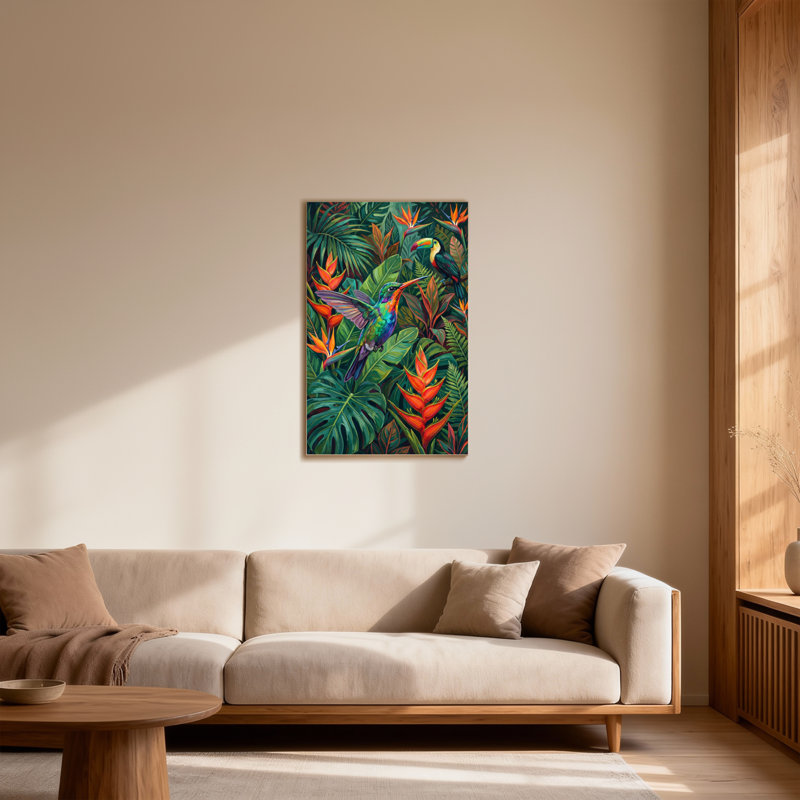Animaux, oiseaux tropicaux et motif de feuillage luxuriant, H 24 po x l 36 po