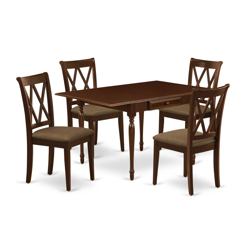 L'ensemble 5 pièces de table et chaises de cuisine comprend une table de salle à manger rectangulaire avec Dropleaf et 4 chaises rembourrées en tissu de lin, 36 x 54 pouces, acajou
