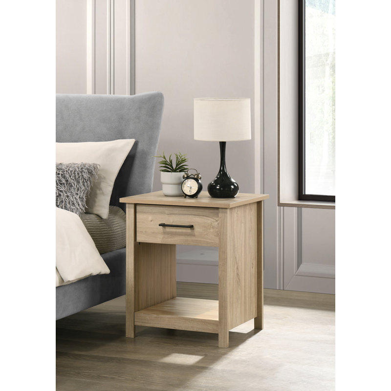Celeste 1-Drawer Nightstand with Open Shelf Light Oak Engineered Wood 20 Inch, Light Oak/Black