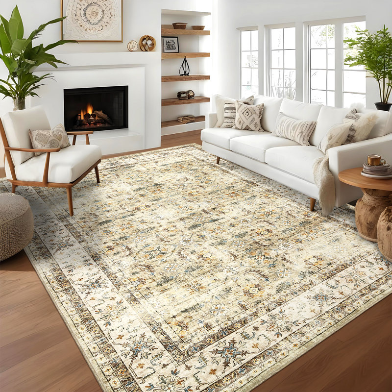 Washable Vintage Floral Printed Area Rug for Living Room Decor Non Slip Low Pile Thin Rugs for Bedroom Decor Entry Rug Stain Resistant Soft Distressed Carpet