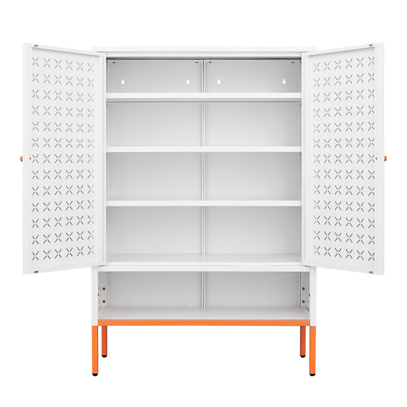 Étagère porte-chaussures blanche à double porte en grille blanche, pied de 15 cm de hauteur, tablettes réglables, armoire autoportante de style moderne pour espaces principaux, base surélevée, trois compartiments, revêtement thermolaqué