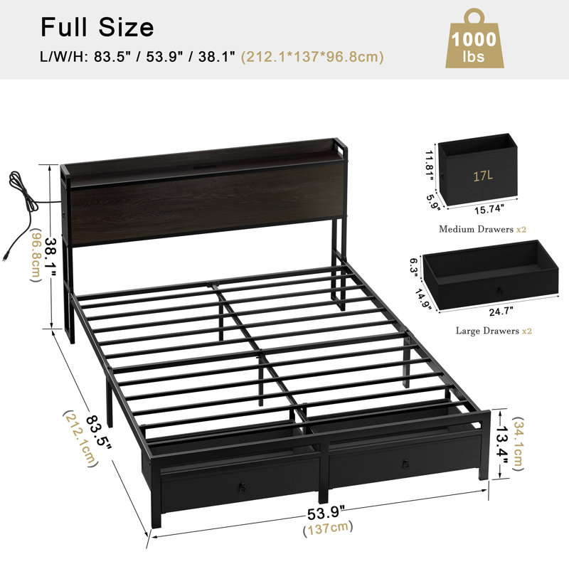 Alevtina Bed Frame with 2 Bedside Drawers & 2 Underbed Drawers, Storage Bed with Outlet & Open Shelf, Full
