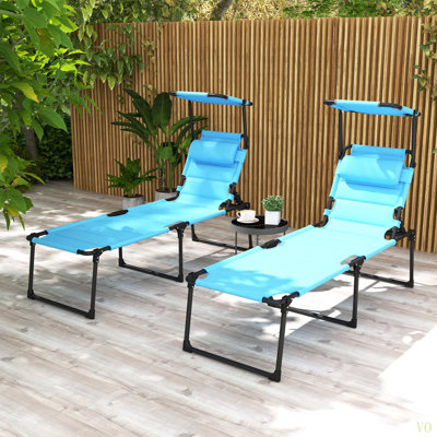 Outsunny 2 Pcs Outdoor Lounge Chair, Adjustable Backrest Folding Chaise Lounge, Cushioned Tanning Chair W/Sunshade Roof & Pillow Headrest For Beach, Camping, Hiking