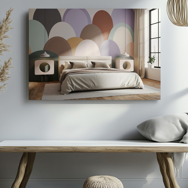 Reproduction d'art sur toile, une chambre à coucher contemporaine sereine avec un lit moelleux à profil bas avec une literie douce et neutre et deux grands coussins moelleux