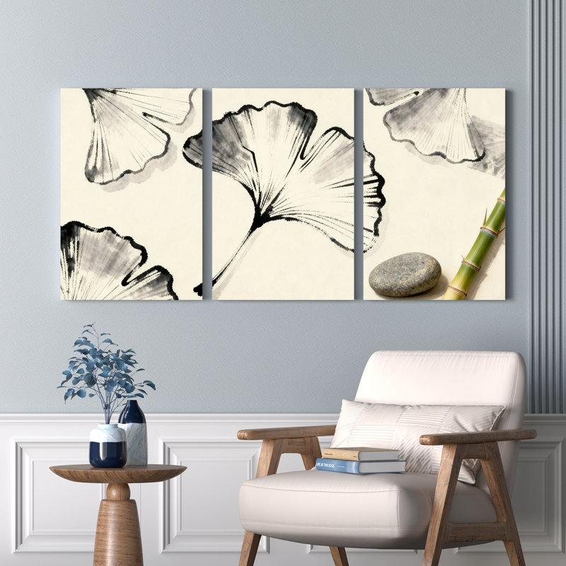 Feuille de ginkgo et bambou de style zen, reproduction d'art sur toile tendue à l'encre noire et blanche (ensemble de 3)