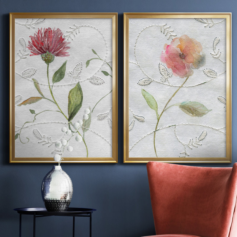 Botanical Emb broderie I - ensemble de 2 reproductions d'art, H 26,5 po x l 73 po x P 1,5 po, Toile encadrée dorée
