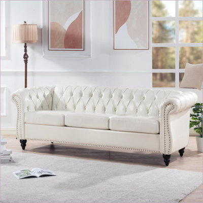 Sofas Couches | 84.65'' Chesterfield Rolled Arm 3 Seater Sofa for Living Rooms | Ivory PU