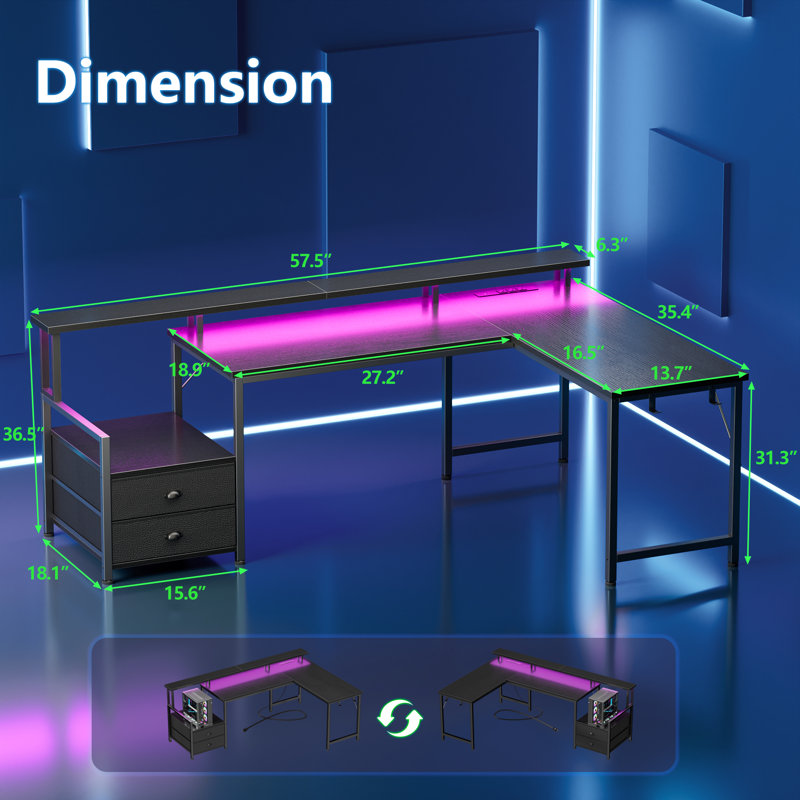 Bureau de jeu en forme de L avec éclairage DEL et prises électriques, bureau d'ordinateur avec tiroirs et support pour imprimante