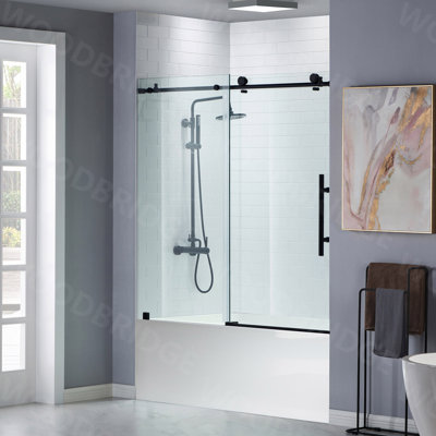 Porte de baignoire coulissante simple sans cadre de 56 à 60 po x H 62 po avec verre trempé transparent de 3/8 po (10 mm)