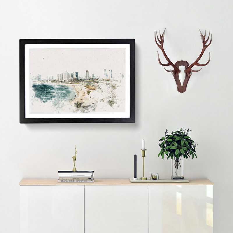 Tel Aviv Israel Skyline - Picture Frame Painting Print, Walnut Framed, 45cm H x 63cm W x 2cm D