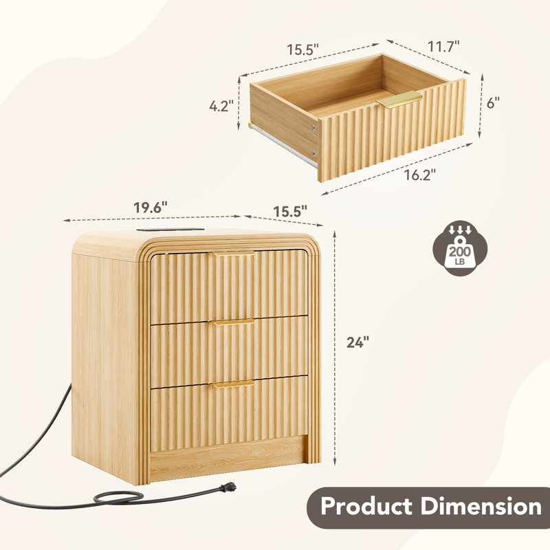 3-Drawer Nightstand with Charging Station, USB-C & AC Ports, Modern Fluted Curved Natural Oak Bedside Table, 19.6" Wide