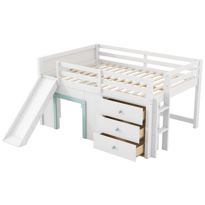 Lit mezzanine bas pour enfants avec glissade amusante et tiroirs de rangement cachés, Blanc