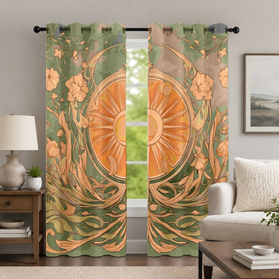 2Pcs Vintage Floral and Sun Pattern Curtains, Art Nouveau Style Drapes, Artistic Botanical Printed Grommet Panels, Window Treatment for Bedroom Living Room Decor