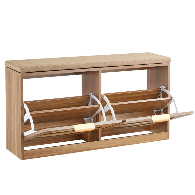 Entryway Shoe Bench, 38.9 x 9.4 x 19.7 Inch Rattan-Like Shoes Bench with Flip Drawers, 440lbs Shoe Storage Rack with Cushion, 4 Compartments and Rattan Doors, for Hallway, Living Room, Bedroom